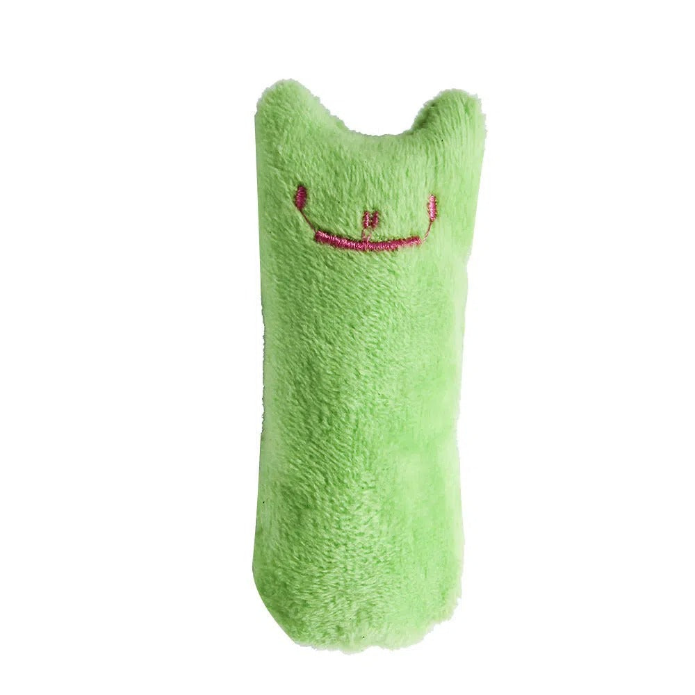 Cat Squeaky Plush Pillow Teaser Toy - Interactive Cat Design Stuffed Kicker Toy with Squeaker for Cats Kittens Solo Play Boredom Buster No Battery 6 Colors Green Yellow Pink Blue Coffee