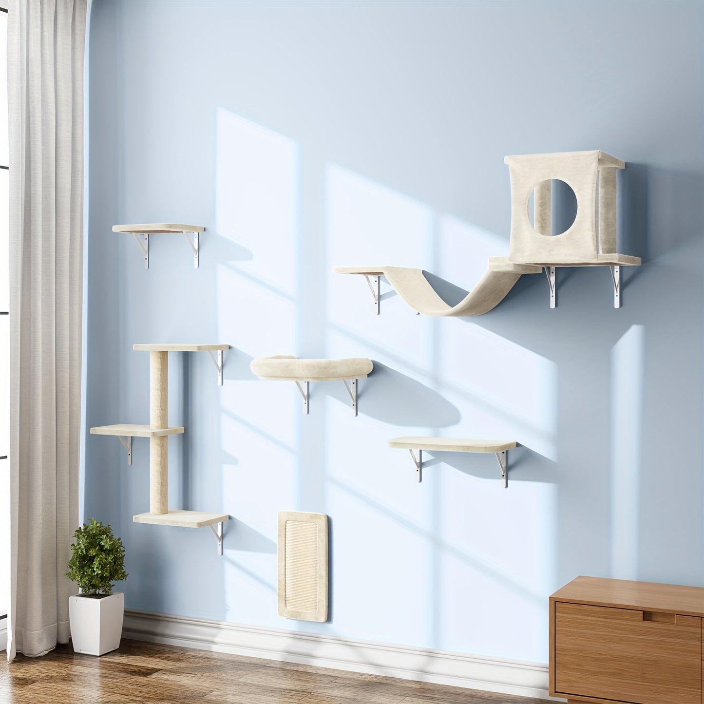 7-Piece Wall Mounted Cat Climbing Shelf Set – Deluxe Indoor Cat Furniture with Cat Condo, Wall Shelves, Scratching Post, Bridge Ladder & Tunnel, Space-Saving Cat Wall Playground for All Cat Sizes