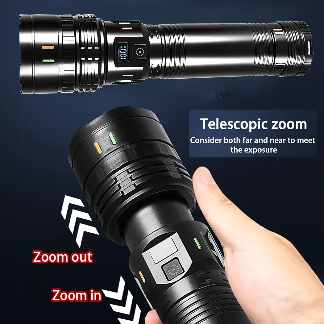 Rechargeable LED Tactical Flashlight 1500 Lumens with Adjustable Zoom, Shoulder Strap, 4 Modes for Camping, Hunting, Farm Inspection & Emergency Outdoor Use