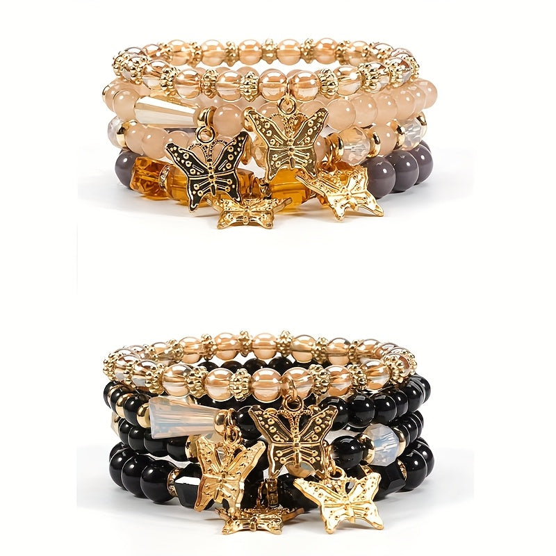 Boho Butterfly Beaded Bracelet Set for Women – 4, 8 & 16pcs Sparkle Multi-Layered Elastic Charm Stackable Bracelets, Perfect Gift for Stylish Ladies
