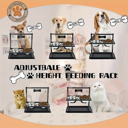 Adjustable Elevated Dog Bowl Stand with 2 Stainless Steel Bowls – Sturdy Metal Raised Feeder for Large & Medium Dogs, Height Adjustable Ergonomic Dog Food & Water Bowl Holder, Black