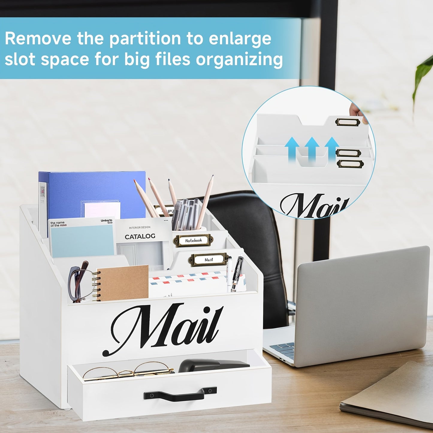 Large Solid Wood Desktop Mail Organizer with Drawer and 4 Compartments Labelable Dividers for Files Letters Paper Folders Desk Organizer for Home Office Students and Professionals