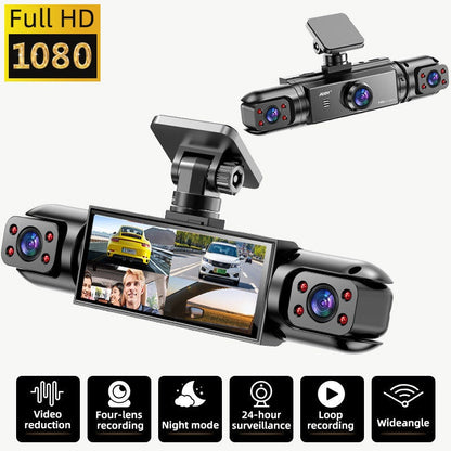 360° Panoramic Dash Cam 3/4 Lens 1080P HD with Quad-Split Screen, HD Night Vision, WDR & G-Sensor – Full Coverage Front, Rear, Left & Right Loop Recording – Rideshare & Fleet Ready – Velora