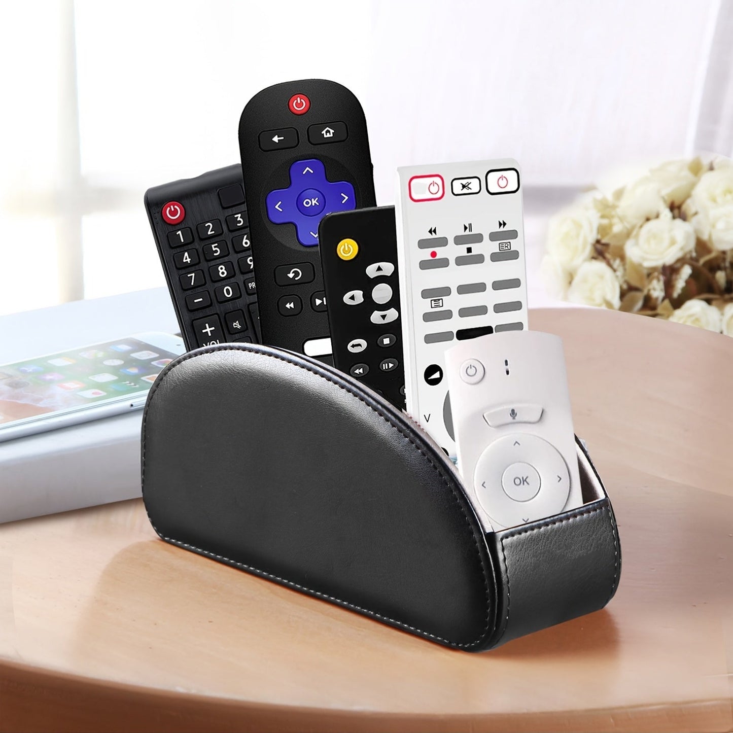 Remote Control Holder with 5 Compartments Desktop Organizer Caddy – Bedside Storage Box for TV Remotes Pens Eyeglasses Office Stationery Home Appliance Controllers