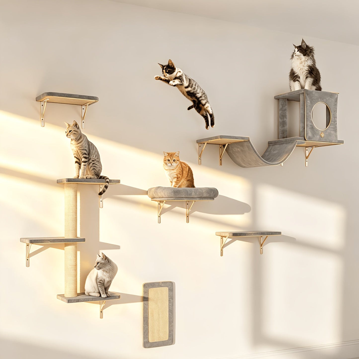 7-Piece Wall Mounted Cat Climbing Shelf Set – Deluxe Indoor Cat Furniture with Cat Condo, Wall Shelves, Scratching Post, Bridge Ladder & Tunnel, Space-Saving Cat Wall Playground for All Cat Sizes