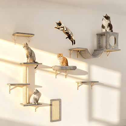 7-Piece Wall Mounted Cat Climbing Shelf Set – Deluxe Indoor Cat Furniture with Cat Condo, Wall Shelves, Scratching Post, Bridge Ladder & Tunnel, Space-Saving Cat Wall Playground for All Cat Sizes