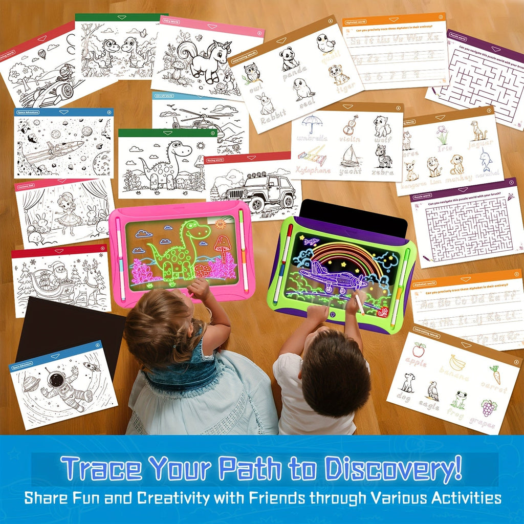 LED Light-Up Drawing Doodle Board for Kids Ages 3-8 – Glow Writing Art Set with 9 Double-Sided Cards & 6 Markers, Educational Learning Travel Toy, Birthday & Christmas Gift for Girls Boys