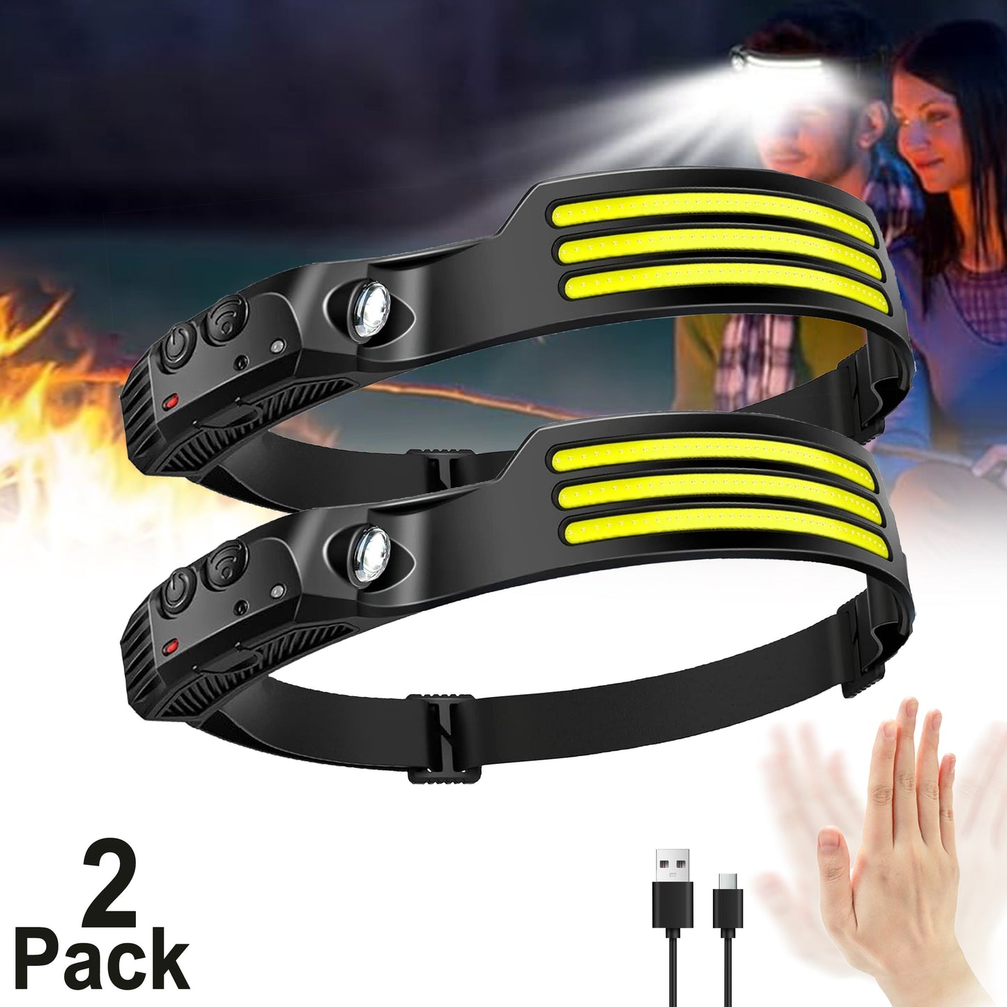 Motion Sensor LED Headlamp USB Rechargeable IP54 Waterproof – Super Bright 5-Mode Head Lamp for Camping Hiking Running Fishing Outdoor Activities