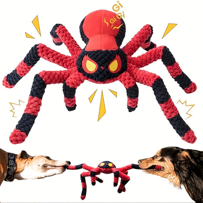 Squeaky Spider Dog Toy for Large Dogs – Interactive Crinkle Tug of War Plush Puppy Toy with Squeaker Head & Crinkle Legs, Keeps Dogs Busy for Hours, No Battery Needed, Blue & Red Spider