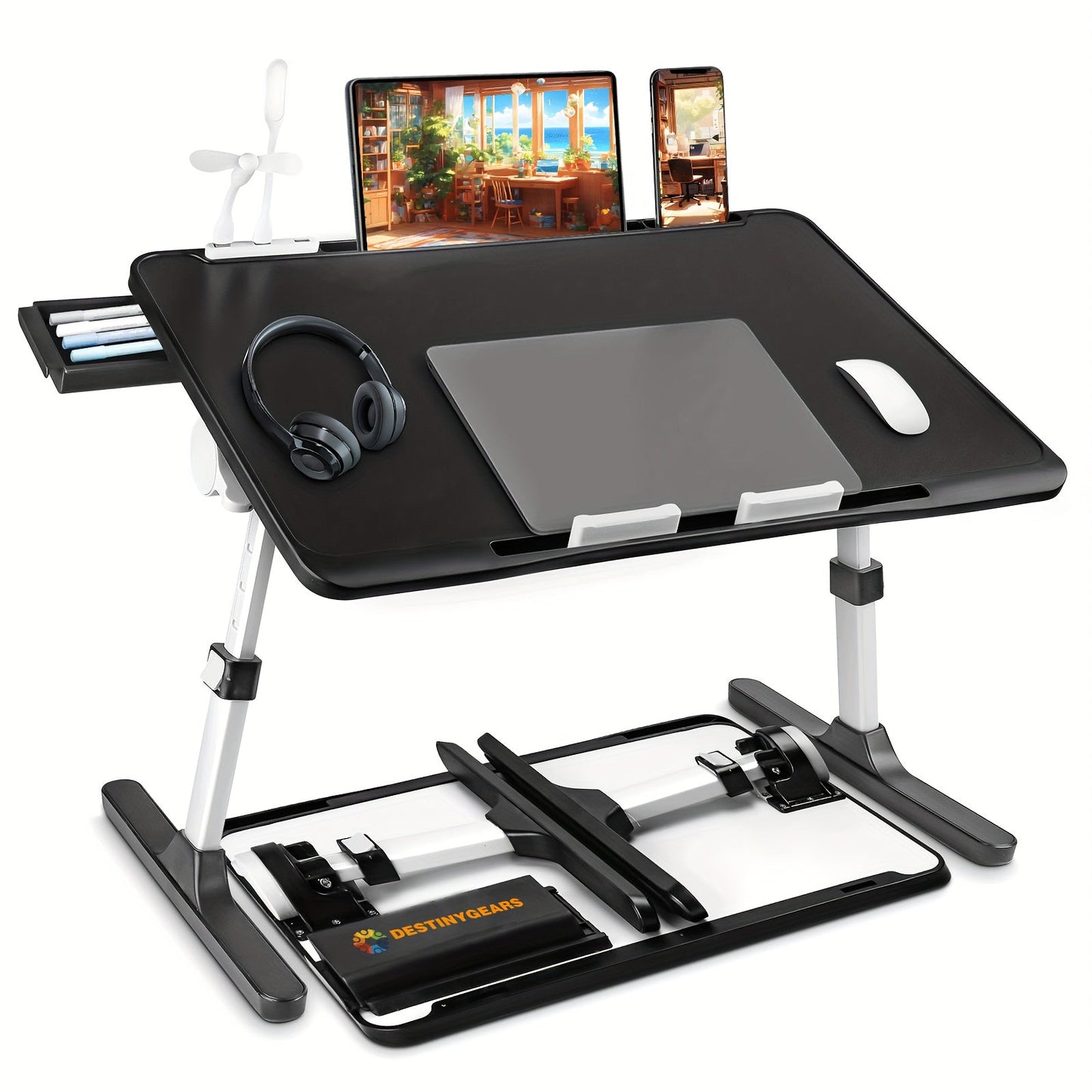 Lap Desk Bed Tray Table with USB Light Fan & Drawer – Adjustable Portable Laptop Stand for Bed Couch Sofa, Laptop Desk for Reading Writing Eating, 10 Colors & Sizes