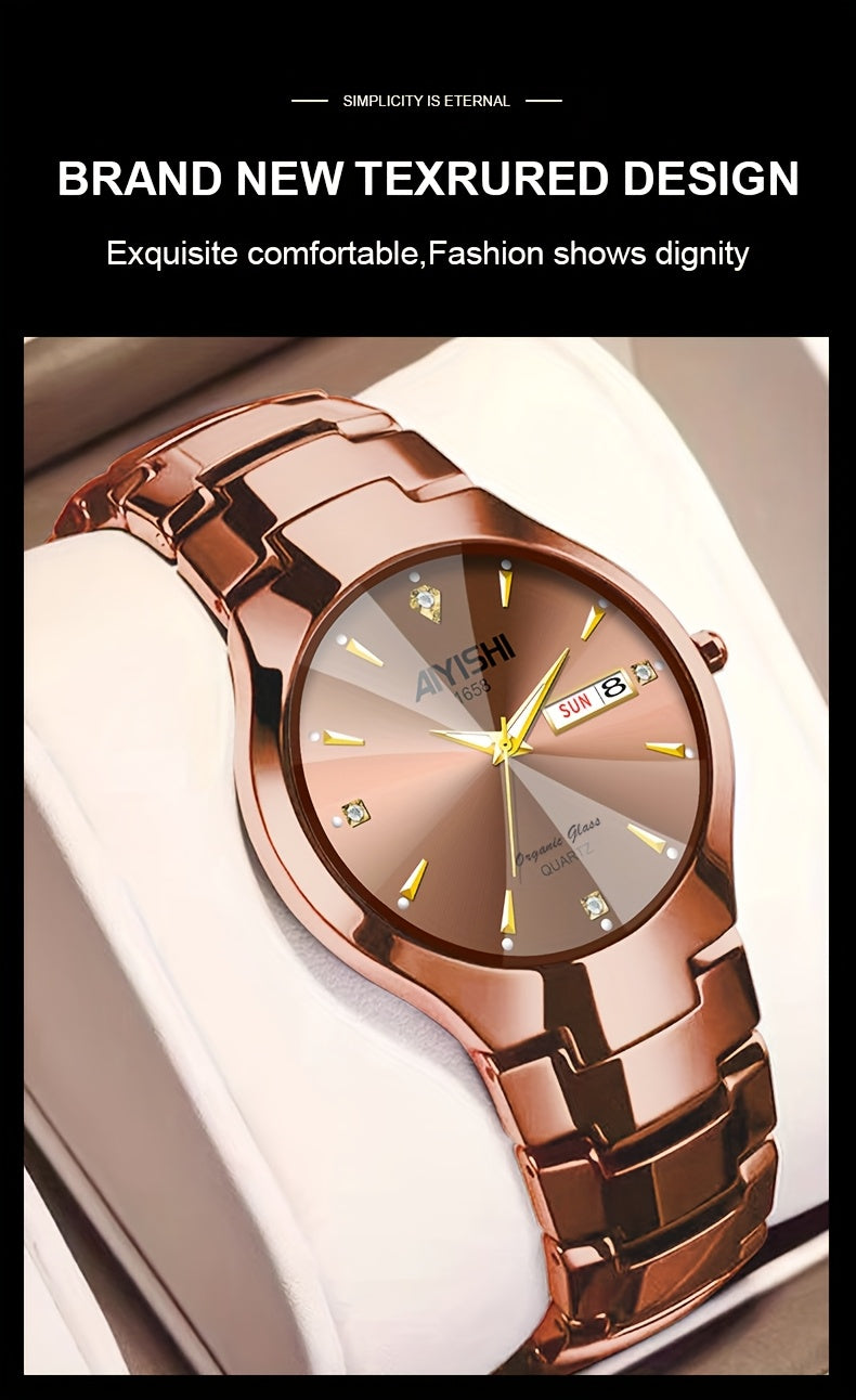Men's Luxury Quartz Wristwatch with Double Calendar and Luminous Hands – Elegant Business Stainless Steel Watch for Men, Classic Gold Black White Dial, Perfect Gift for Him Birthday Anniversary
