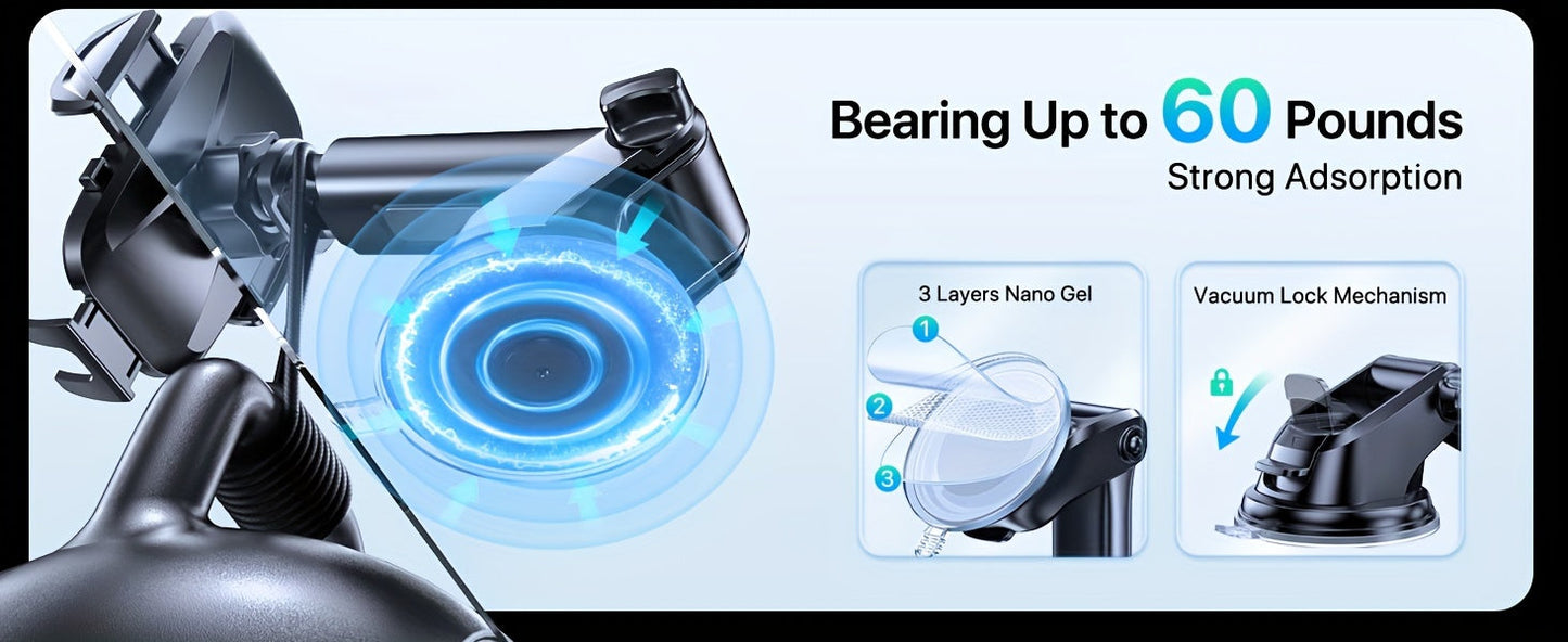 3-in-1 Car Phone Holder Suction Cup & Air Vent Mount | 360° Rotation, 6.5"-8.5" Telescopic Arm, 60LB Nano-Gel Suction, Scratch-Proof – Universal Fit for iPhone, Samsung, Google & All 4"-7.2" Phones