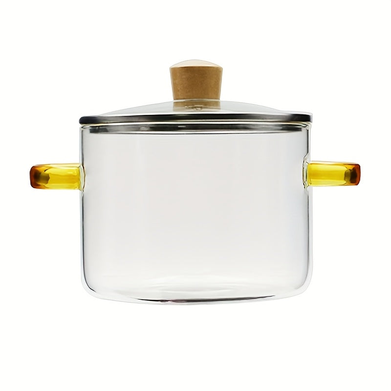 54oz Borosilicate Glass Soup Pot with Handle | Heat Resistant to 752°F | Stovetop & Oven Safe | Transparent Glass Cooker for Soup Congee Ramen Milk | Easy Clean Odorless | Green & Yellow Handle