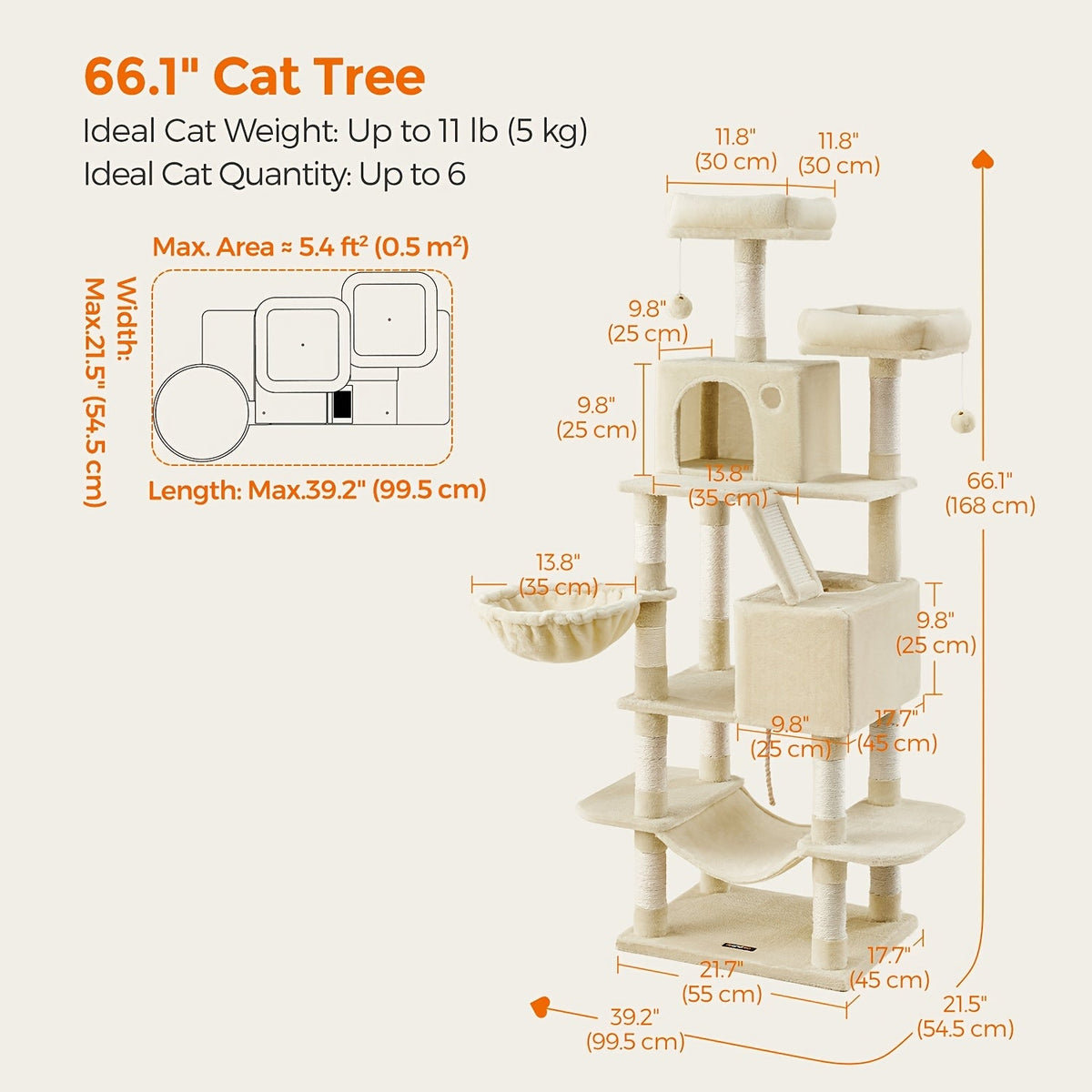 Multi-Level Cat Tree Tower 44-66 Inch with Hammock Sisal Scratching Posts Cozy Cave Perches Anti-Tilt Stable Cat Condo for Multi-Cat Families Kittens & Cats Gift