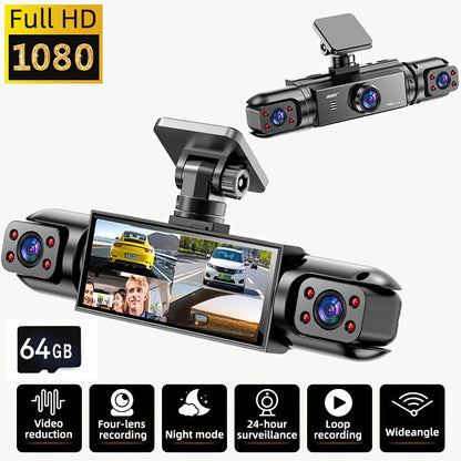 360° Panoramic Dash Cam 3/4 Lens 1080P HD with Quad-Split Screen, HD Night Vision, WDR & G-Sensor – Full Coverage Front, Rear, Left & Right Loop Recording – Rideshare & Fleet Ready – Velora