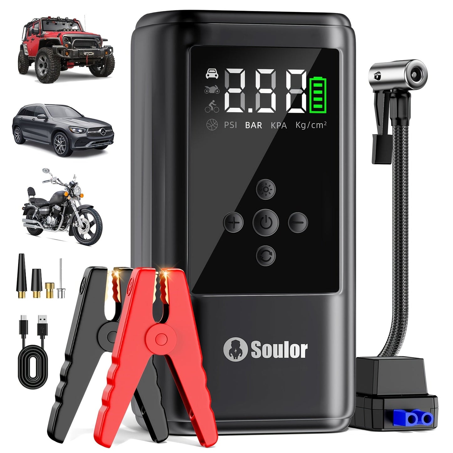 Portable Car Jump Starter 3000A-6000A – 12V Lithium Battery Booster Pack, Dual USB QC 3.0 Fast Charging Power Bank, LED Light & Compass, Fits All Gas Engines