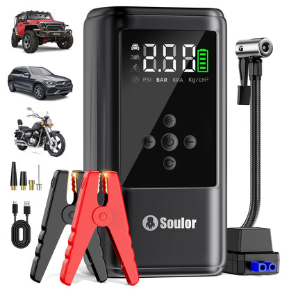 Portable Car Jump Starter 3000A-6000A – 12V Lithium Battery Booster Pack, Dual USB QC 3.0 Fast Charging Power Bank, LED Light & Compass, Fits All Gas Engines