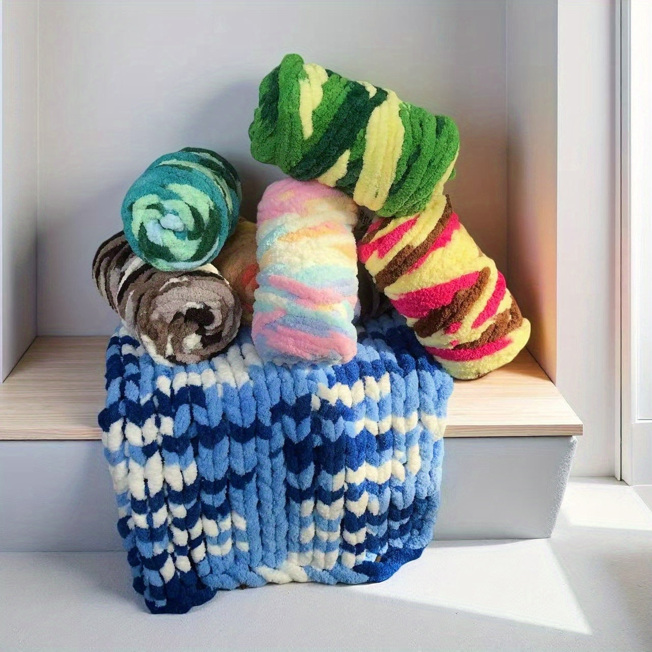 Chunky Chenille Yarn 2 Skeins 500g Hand Knitting Blanket Crochet Multicolor Striped Soft Polyester Extra Thick Plush DIY Gift for Women Men