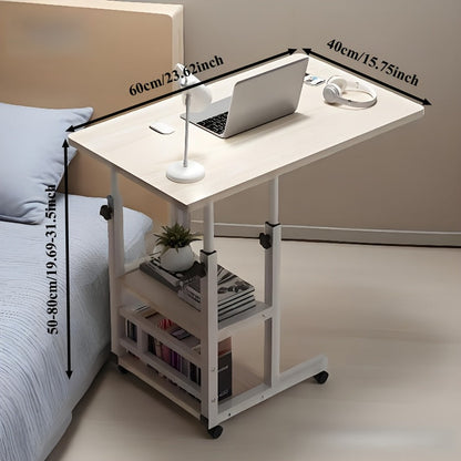 Height Adjustable Rolling Laptop Table with 4 Wheels & Dual Shelves – Mobile Workstation Desk for Bedside Dorm Office Living Room, Sturdy Steel Frame Space-Saving Design