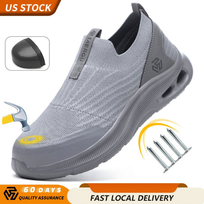 Steel Toe Work Shoes for Men Slip-On Lightweight Safety Sneakers Puncture-Resistant Non-Slip Loafers Black Grey Blue Sizes US 5.5-14