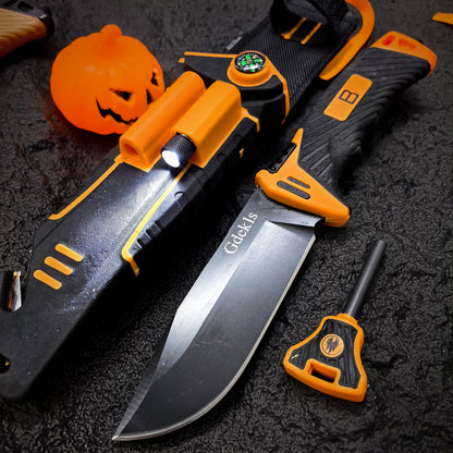 9.6-Inch Outdoor Fixed Blade Knife with Multi-Function Sheath - Black & Orange Straight Knife for Wilderness Exploration, Canyon Traversing, Mountain Hiking & Hunting, Designed for Men