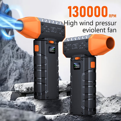130000 RPM Turbo Fan Blower with USB-C Fast Charging, Smart Display & LED Light – 100 Wind Speed Settings for Car Cleaning, Dust Removal, Leaf Blowing, BBQ & Cooling – Black & Orange