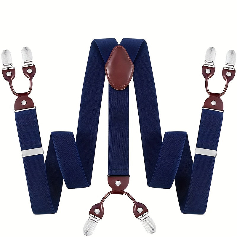 Men's Suspenders Y-Back PU Leather Heavy Duty Suit Brace with 6 Metal Clips – Adjustable Elastic Vintage Style, Black Gray Navy Blue White Coffee Beige Wine Red, Casual & Formal Wear