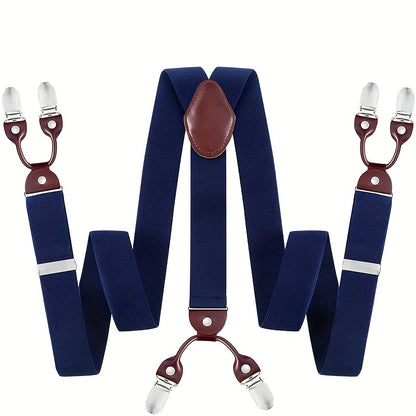 Men's Suspenders Y-Back PU Leather Heavy Duty Suit Brace with 6 Metal Clips – Adjustable Elastic Vintage Style, Black Gray Navy Blue White Coffee Beige Wine Red, Casual & Formal Wear