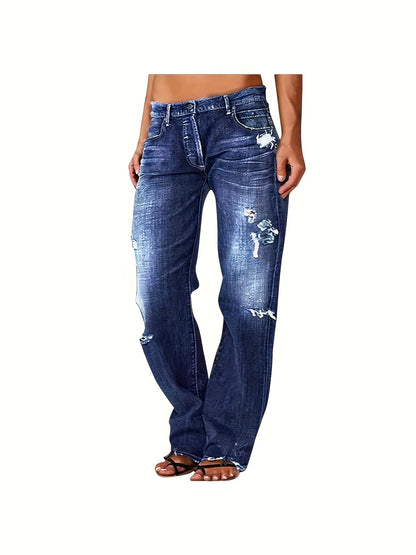 Women's Ripped Flare Wide Leg Jeans – Distressed Stretch Denim, Fashion Streetwear Casual Pants, Light Blue & Dark Blue, Sizes XS-XXL