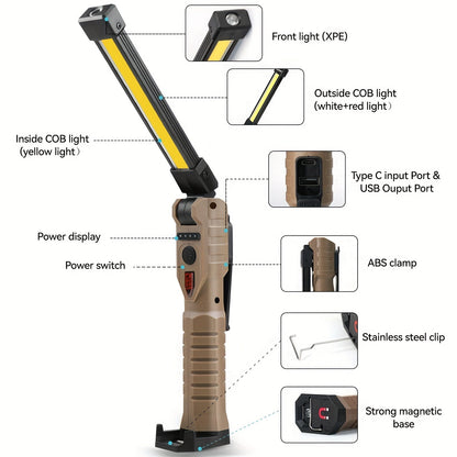 COB LED Rechargeable Work Lights – Portable Hanging Work Lamp with Built-In Battery for Camping, Yard, Party & Vehicle Maintenance, 2/4/6/8/10 Pack Options, Black & Khaki