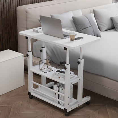 3-Tier Rolling Folding Desk with Wheels Height Adjustable Expandable Desktop Storage Shelf for Laptop Study Home Office Bedroom Living Room Computer Table